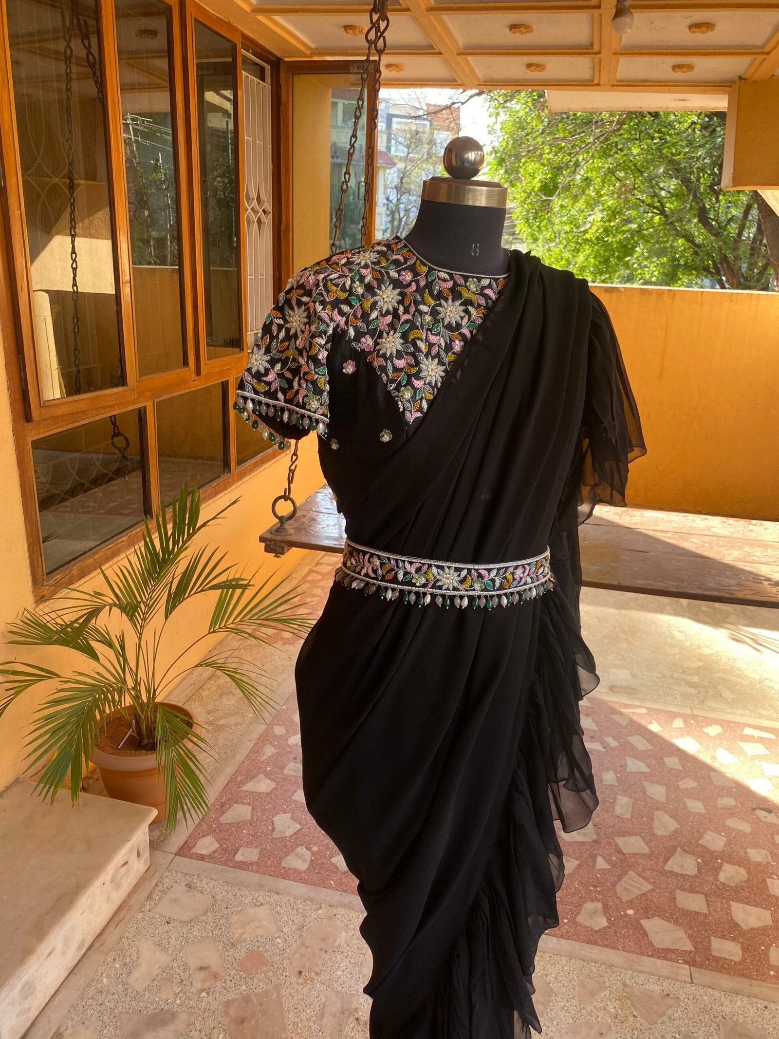 Ruffle saree with blouse/ peach ruffle saree with stitched blouse/ saree belt with blouse / silk ruffle saree / saree with belt / belt sari