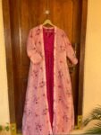 Pink lehriya Anarkali with floral long jacket / anarkali suit set / anarkali dupatta USA / Indian dresses/kurta with floral jacket shrug