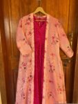 Pink lehriya Anarkali with floral long jacket / anarkali suit set / anarkali dupatta USA / Indian dresses/kurta with floral jacket shrug
