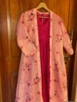 Pink lehriya Anarkali with floral long jacket / anarkali suit set / anarkali dupatta USA / Indian dresses/kurta with floral jacket shrug