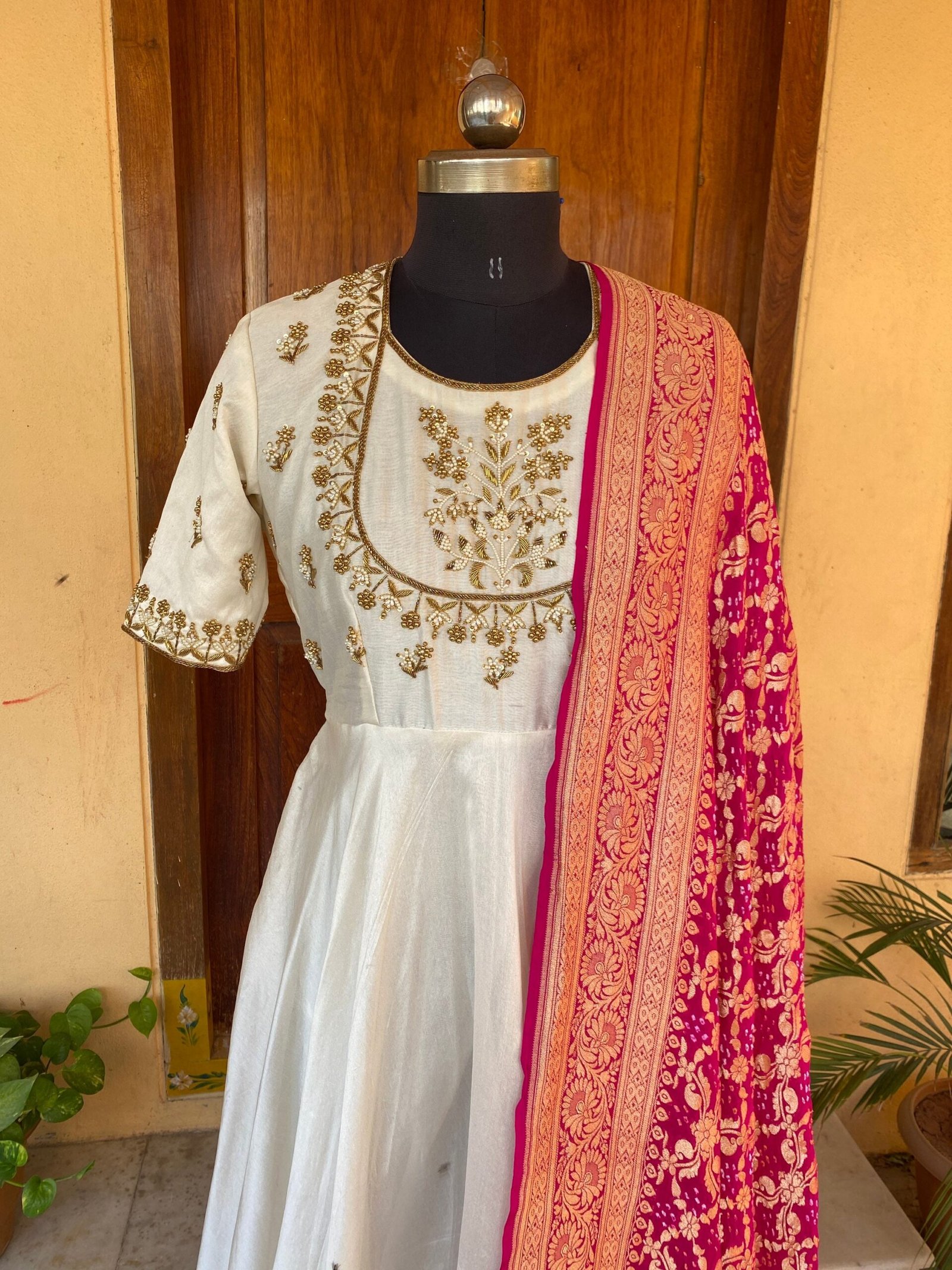 Hand embroidered Anarkali with pure handloom ikkat dupatta / anarkali suit set / anarkali with dupatta USA / Indian dresses/ikkat silk