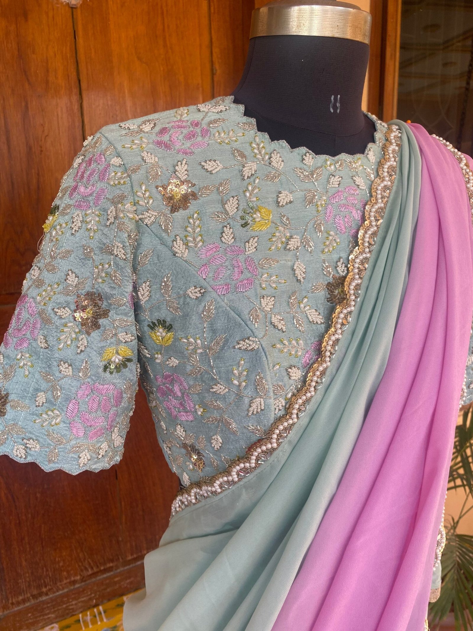Saree with stitched blouse/ silk saree hand embroideredblouse / blue saree USA / soft silk saree ready blouse / cocktail saree/ modern saree