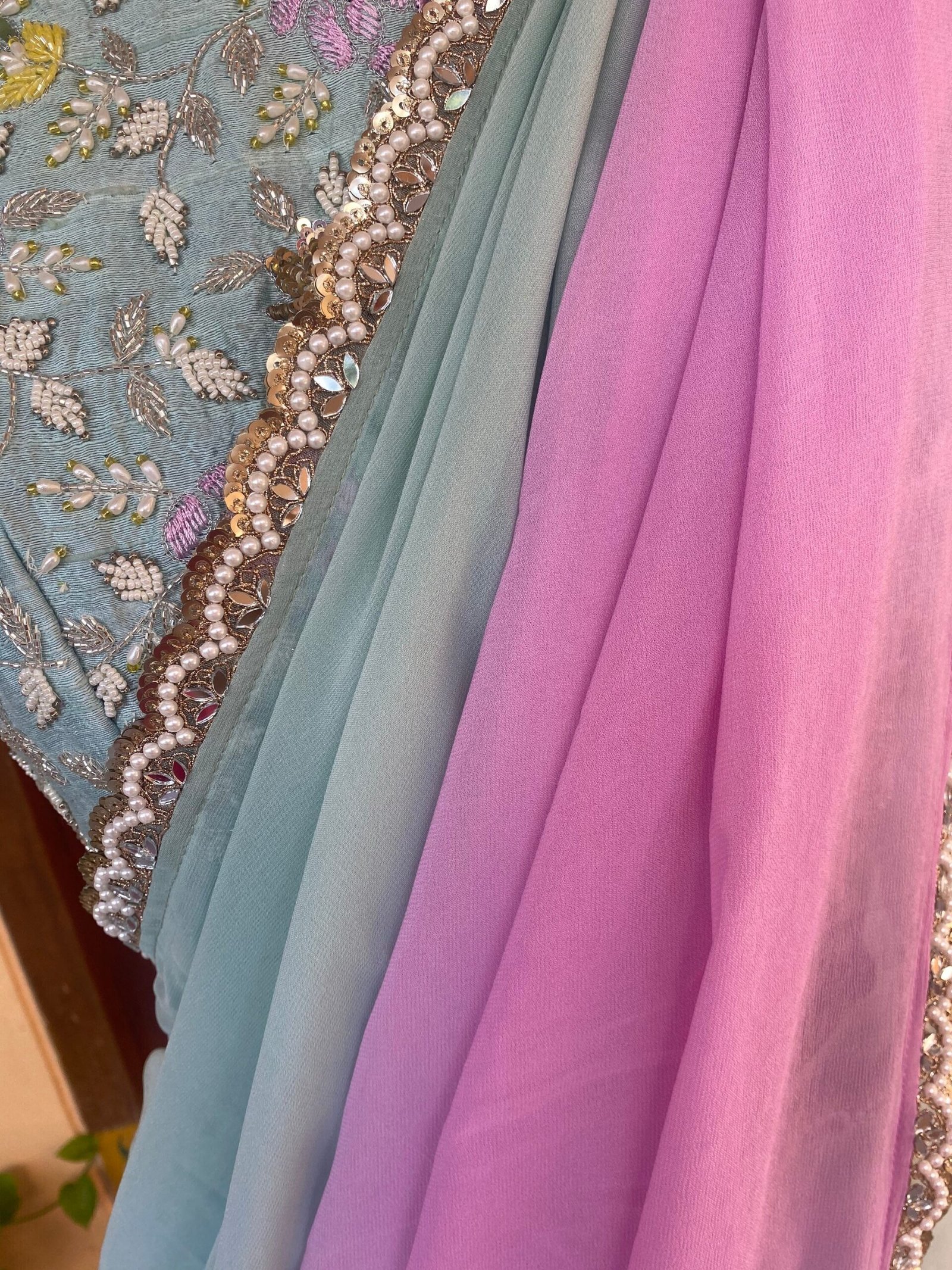 Saree with stitched blouse/ silk saree hand embroideredblouse / blue saree USA / soft silk saree ready blouse / cocktail saree/ modern saree