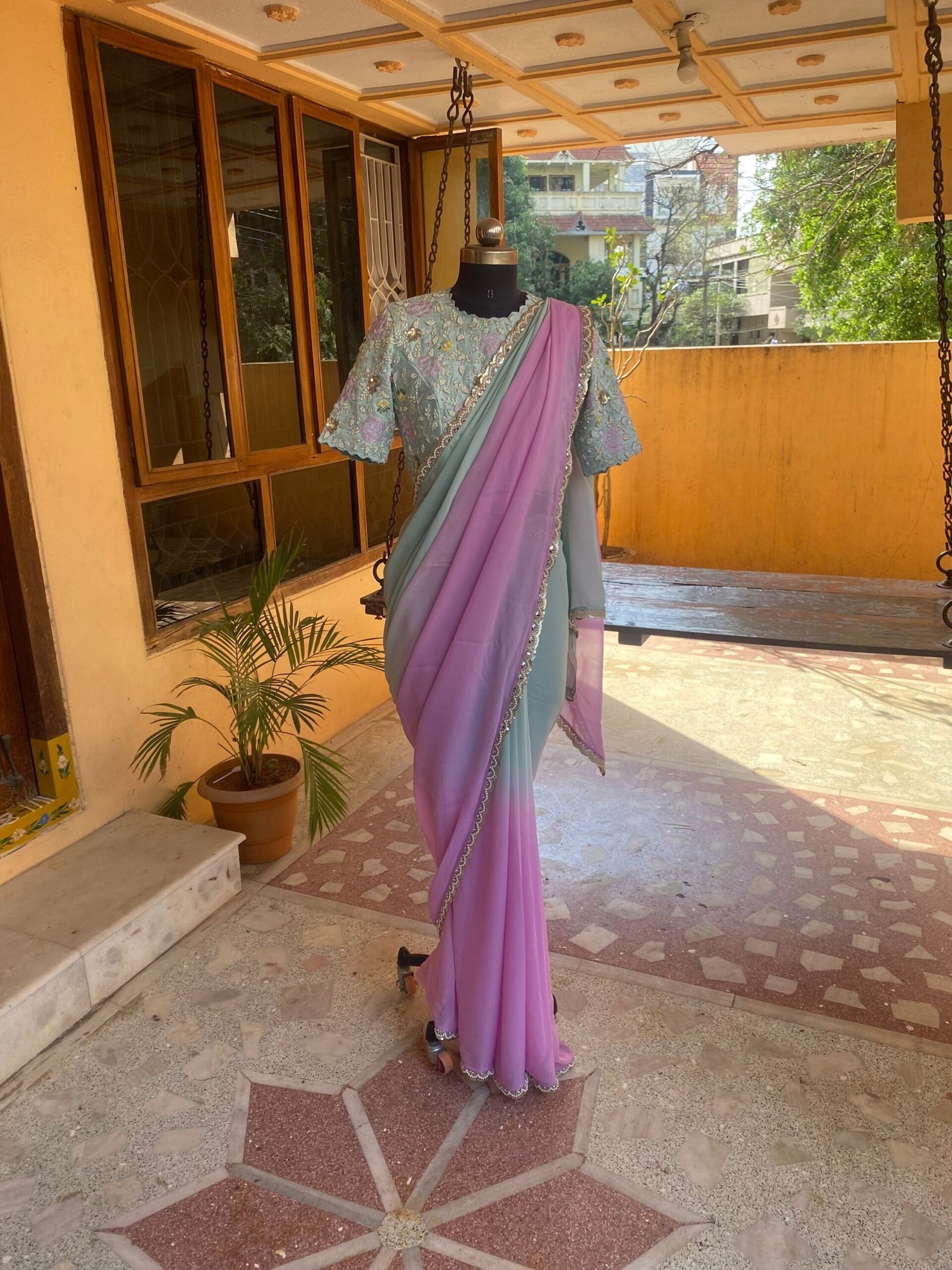 Saree with stitched blouse/ silk saree hand embroideredblouse / blue saree USA / soft silk saree ready blouse / cocktail saree/ modern saree