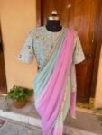 Saree with stitched blouse/ silk saree hand embroideredblouse / blue saree USA / soft silk saree ready blouse / cocktail saree/ modern saree