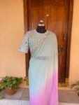 Saree with stitched blouse/ silk saree hand embroideredblouse / blue saree USA / soft silk saree ready blouse / cocktail saree/ modern saree