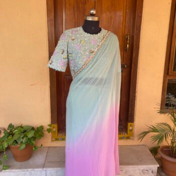 Saree with stitched blouse/ silk saree hand embroideredblouse / blue saree / soft silk saree ready blouse / cocktail saree/ modern saree