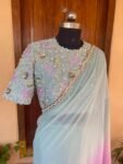 Saree with stitched blouse/ silk saree hand embroideredblouse / blue saree USA / soft silk saree ready blouse / cocktail saree/ modern saree