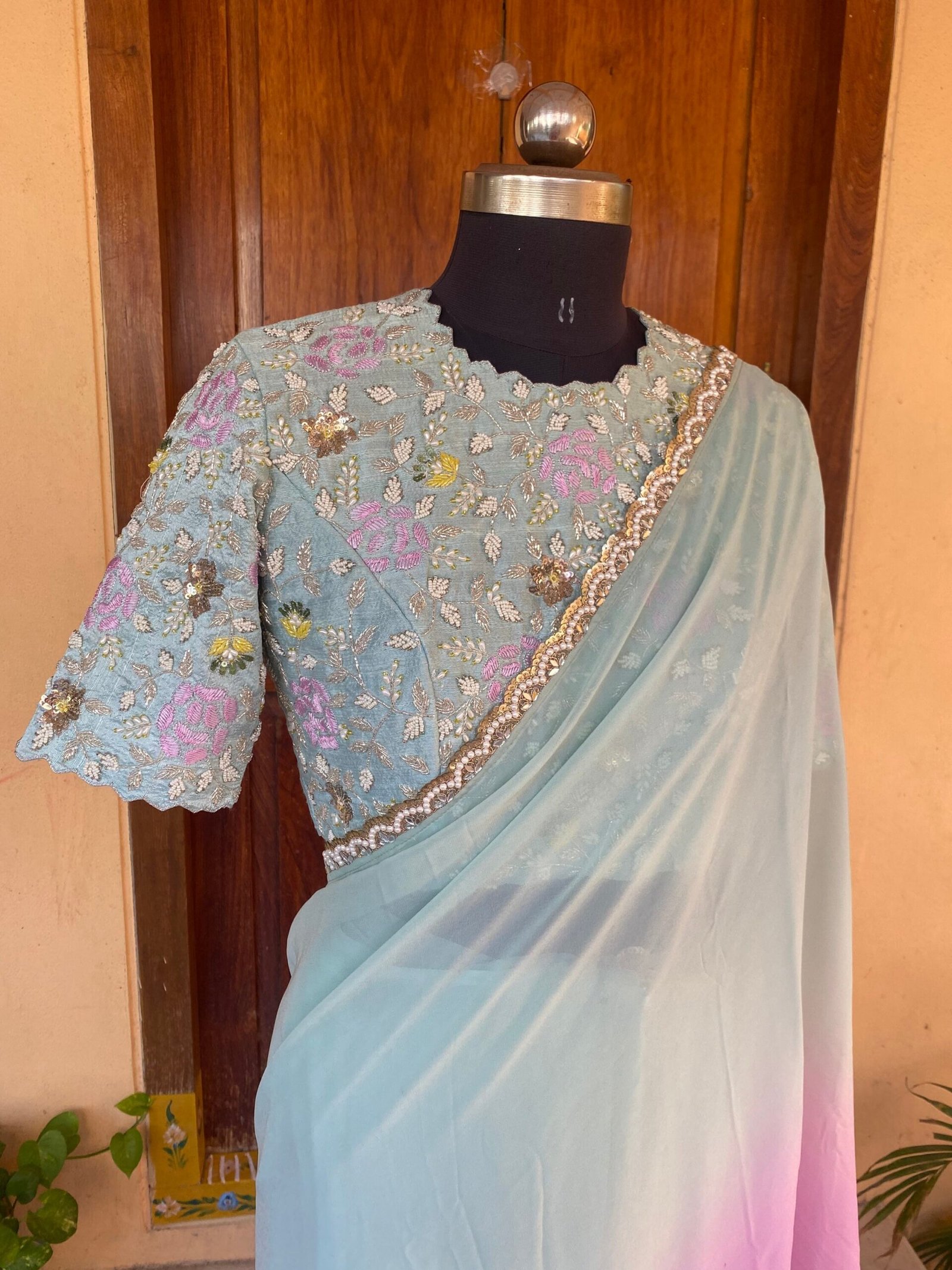 Saree with stitched blouse/ silk saree hand embroideredblouse / blue saree USA / soft silk saree ready blouse / cocktail saree/ modern saree