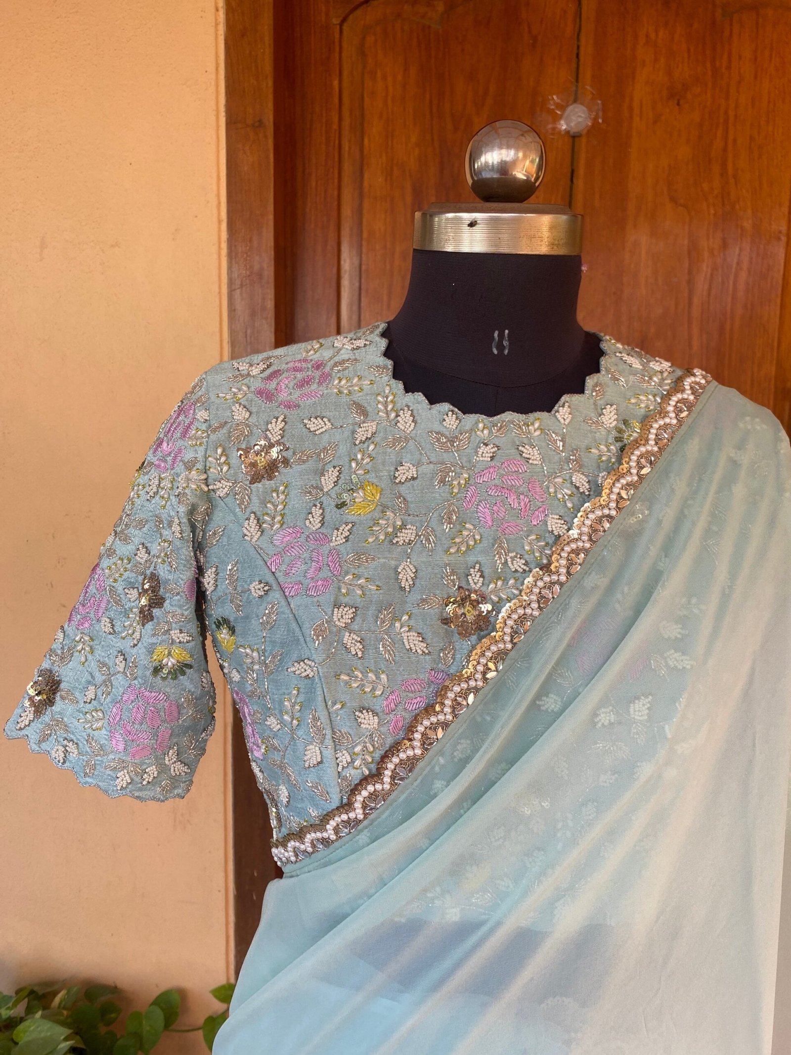 Saree with stitched blouse/ silk saree hand embroideredblouse / blue saree USA / soft silk saree ready blouse / cocktail saree/ modern saree
