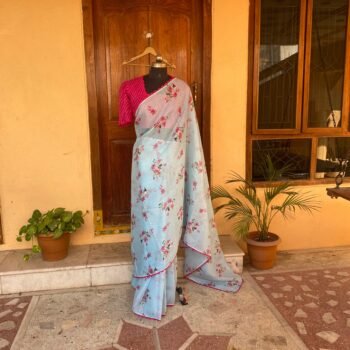 Saree with stitched blouse/floral saree with designer blouse /saree /georgette designer saree / cocktail saree/ modern saree blouse