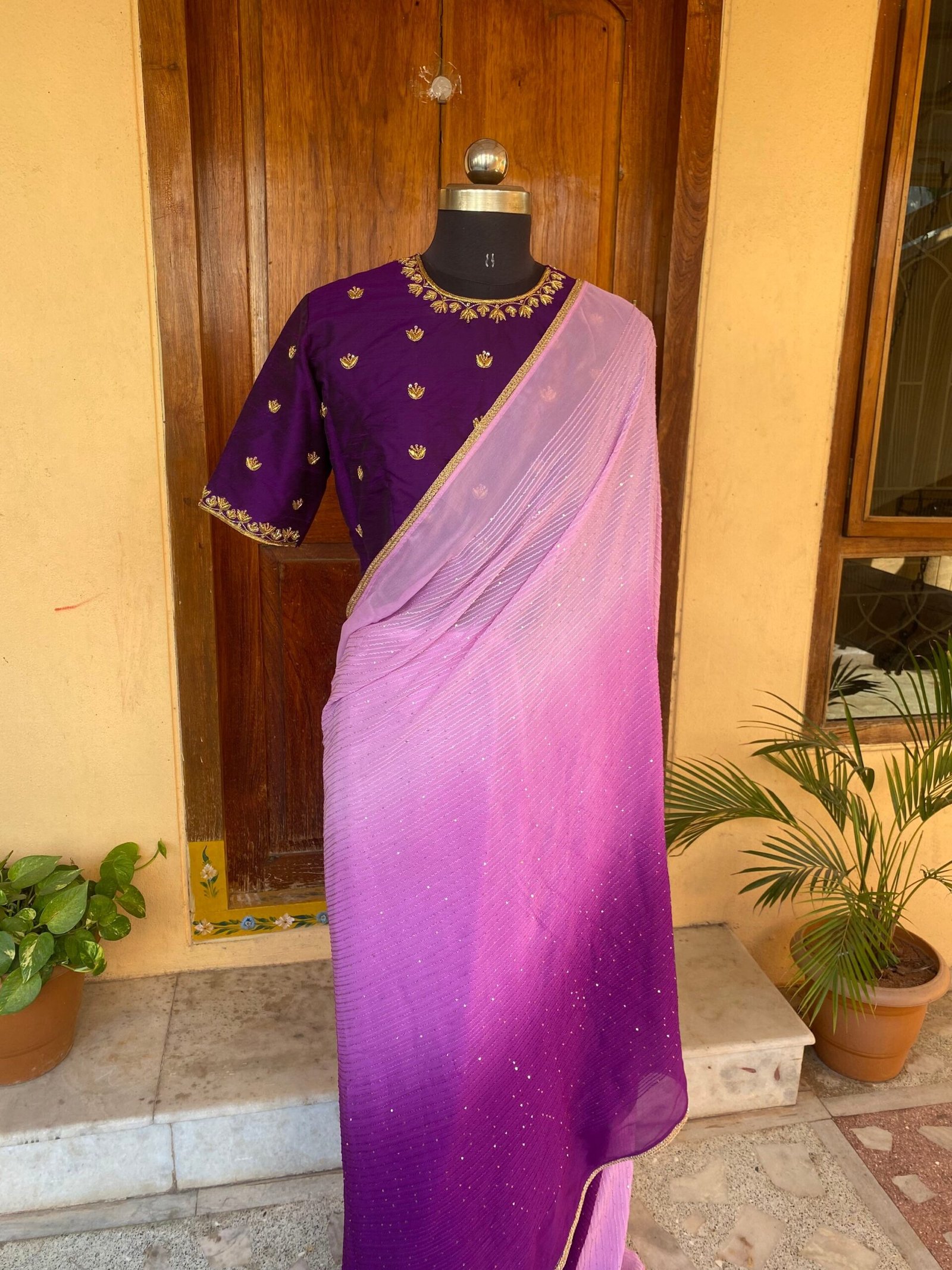 Ombre silk saree with hand embroidered blouse /purple sare blouse USA/ saree with blouse set / embroidered blouse/ sarees USA / shaded saree