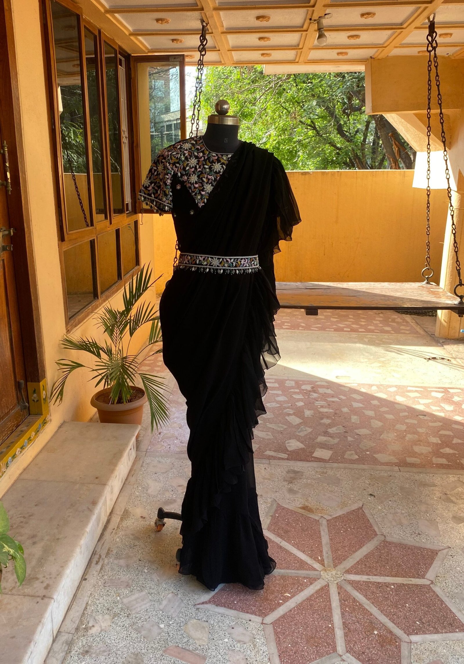 Ruffle saree with blouse/ peach ruffle saree with stitched blouse/ saree belt with blouse / silk ruffle saree / saree with belt / belt sari