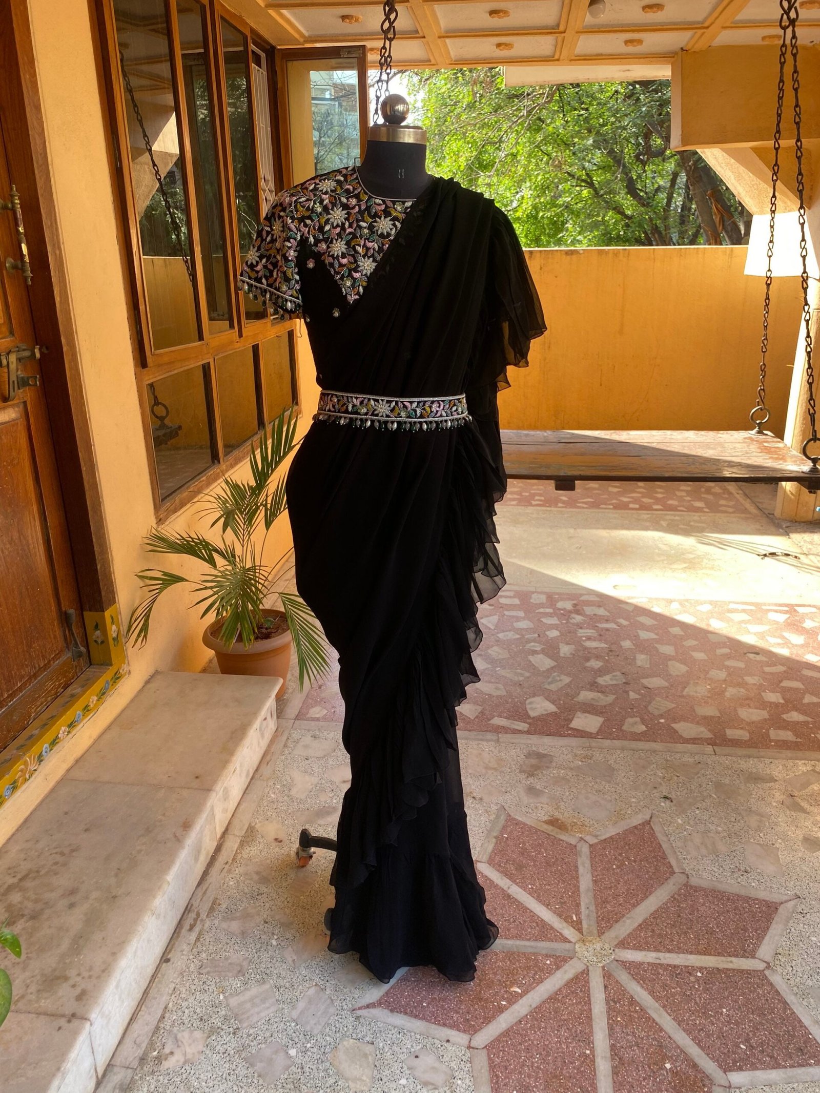 Ruffle saree with blouse/ peach ruffle saree with stitched blouse/ saree belt with blouse / silk ruffle saree / saree with belt / belt sari