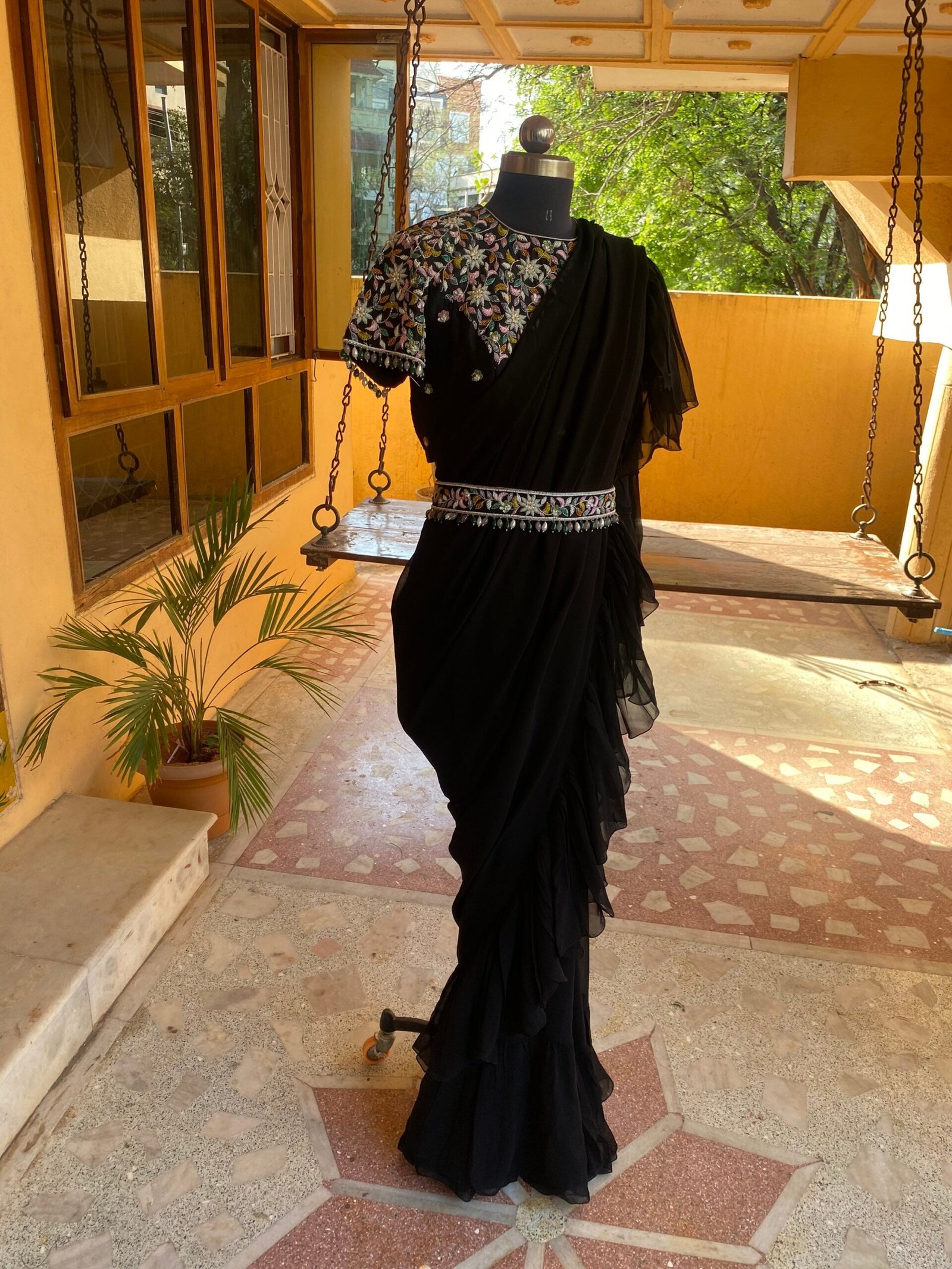 Ruffle saree with blouse/ peach ruffle saree with stitched blouse/ saree belt with blouse / silk ruffle saree / saree with belt / belt sari
