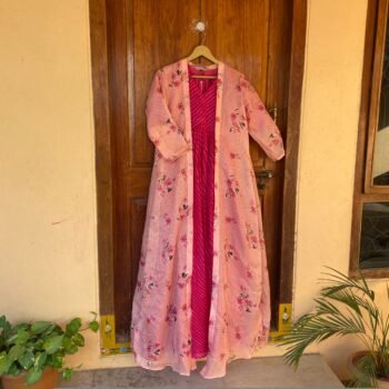 Pink lehriya Anarkali with floral long jacket / anarkali suit set / anarkali dupatta USA  / Indian dresses/kurta with floral jacket shrug