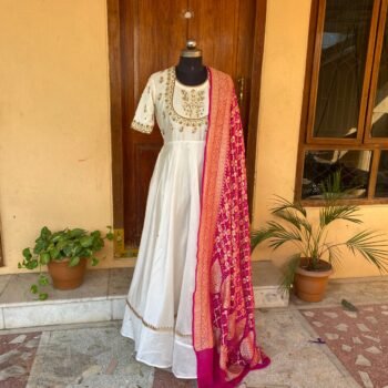 Hand embroidered Anarkali with pure handloom  ikkat dupatta / anarkali suit set / anarkali with dupatta / Indian dresses/ikkat silk
