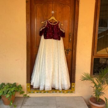 Women’s lehenga set / teens crop top lehenga / Velvet crop top skirt /wedding lehenga /shoulder cut out top with silk skirt/voggish