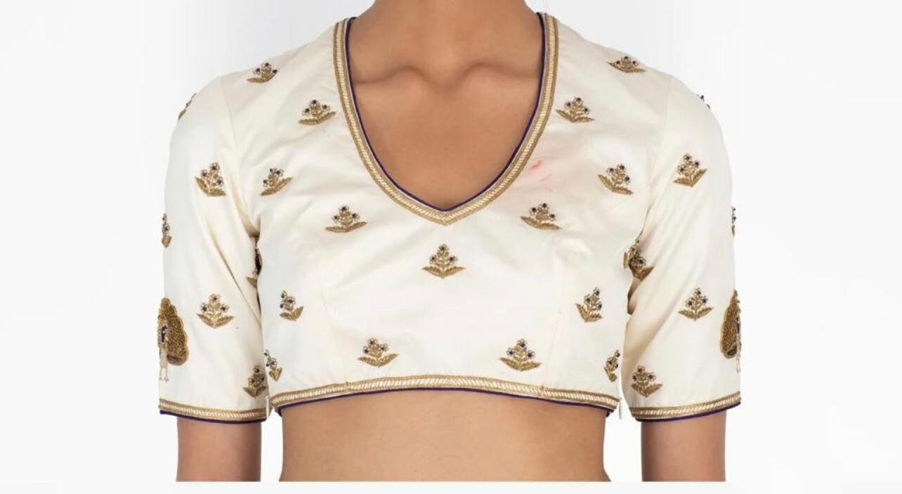 pure silk hand embroidery blouse / cream maggam blouse / raw silk zardosi blouse / hand embroidered blouse / ready made blouse zardosi