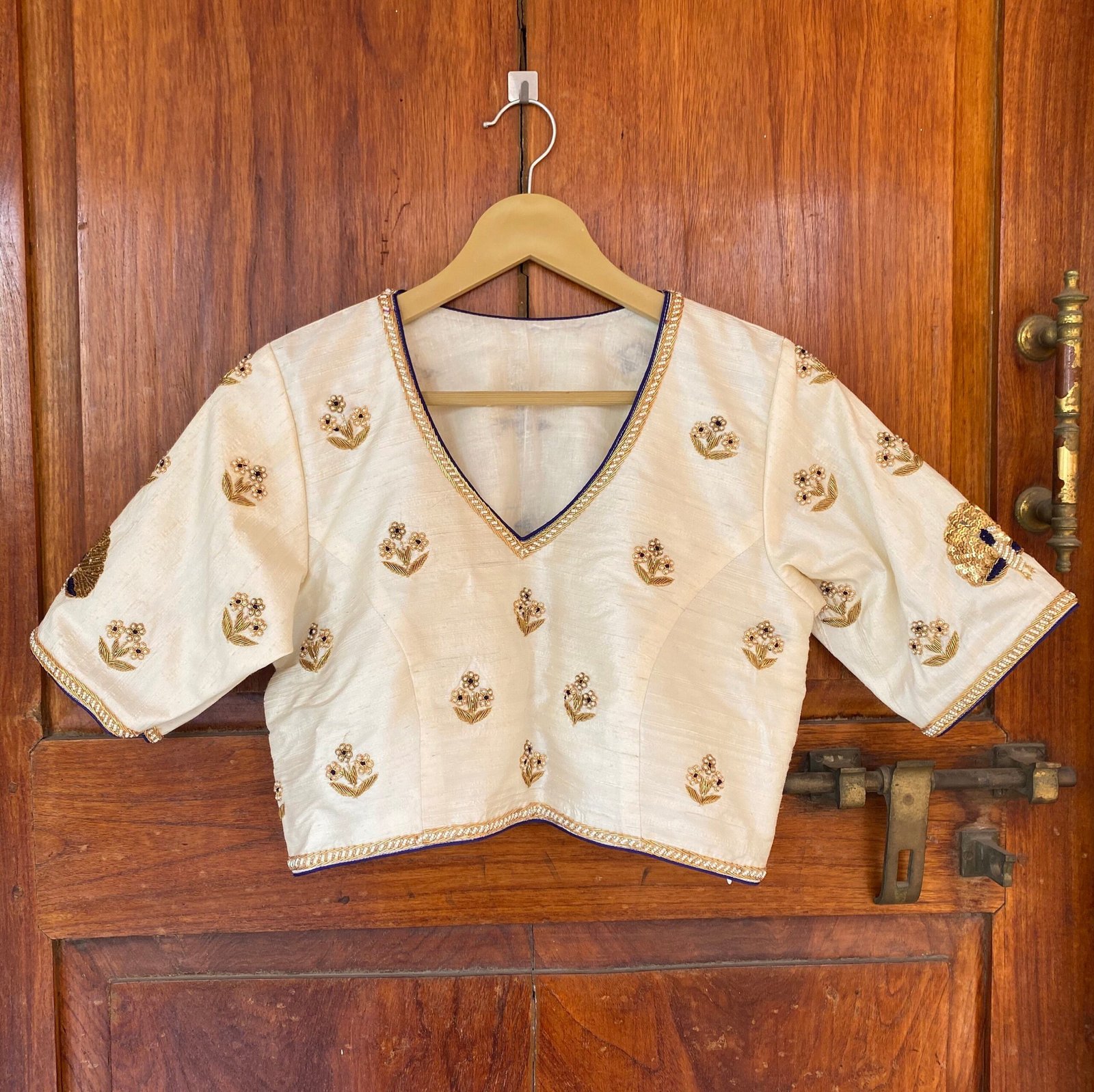 pure silk hand embroidery blouse / cream maggam blouse / raw silk zardosi blouse / hand embroidered blouse / ready made blouse zardosi