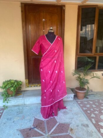 Pure linen saree with stitched blouse / embroidered linen saree linen saree with blouse set / pink linen saree / linen summer saree