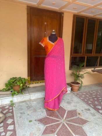 Pink Chiffon Silk Saree: Hand-Embroidered Blouse, Buti Design