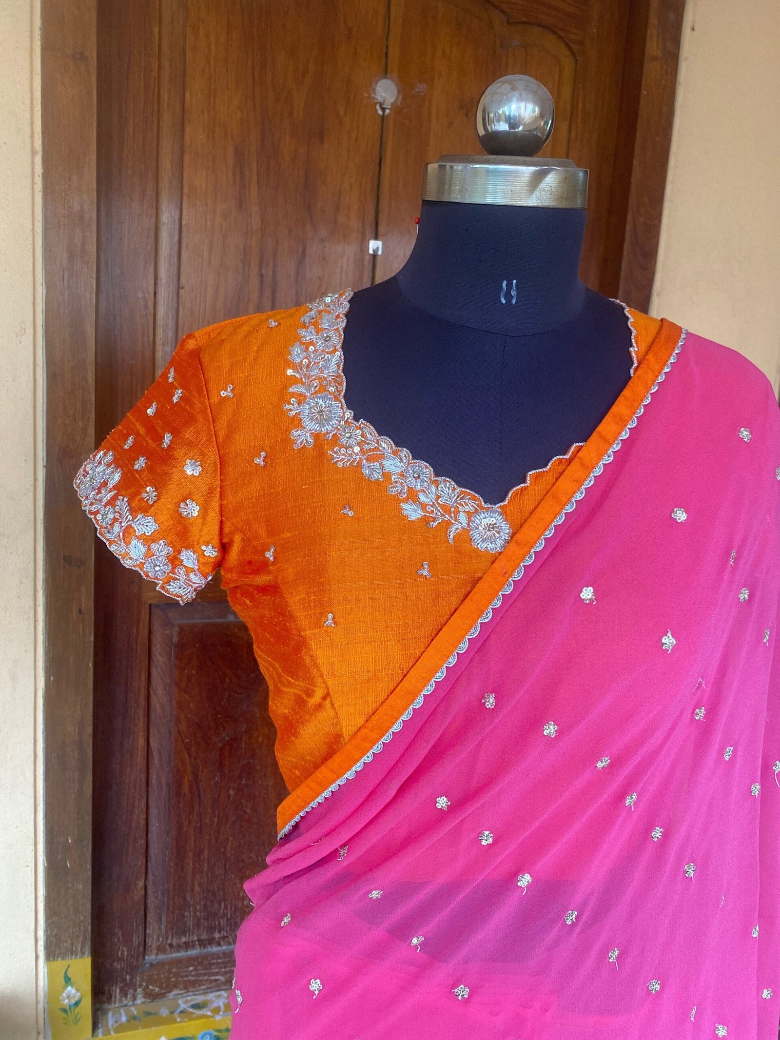 Pink Chiffon Silk Saree: Hand-Embroidered Blouse, Buti Design