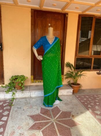 green chiffon silk saree with hand Embroidered blouse | buti embroidered saree with ready blouse| sarees |blue green silk saree blouse