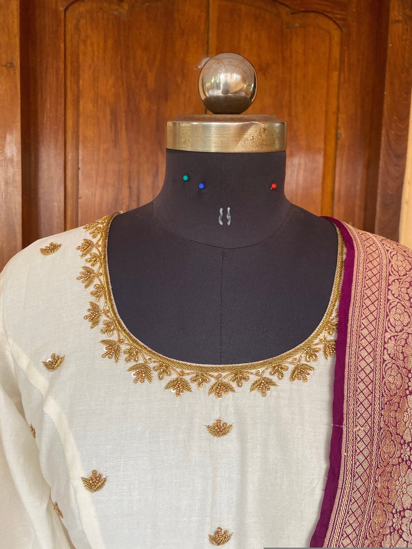 Hand Embroidered Cream Anarkali Dress with Banarasi Handloom Dupatta