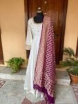 Hand Embroidered Cream Anarkali Dress with Banarasi Handloom Dupatta