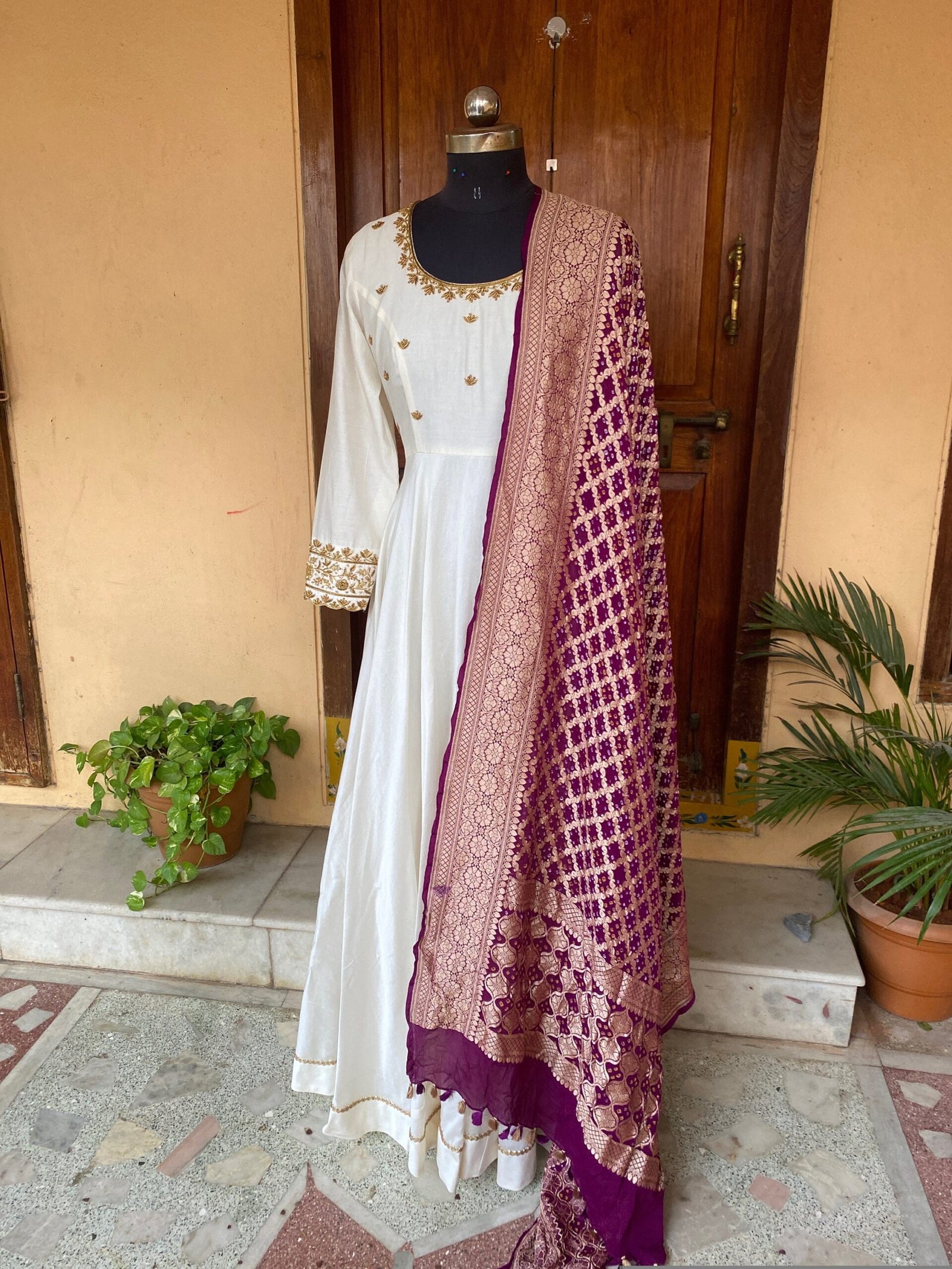 Hand Embroidered Cream Anarkali Dress with Banarasi Handloom Dupatta