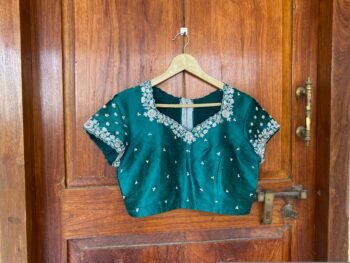 Hand Embroidered Zardosi Blouse: Green Raw Silk Saree Top