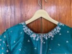 Hand Embroidered Zardosi Blouse: Green Raw Silk Saree Top