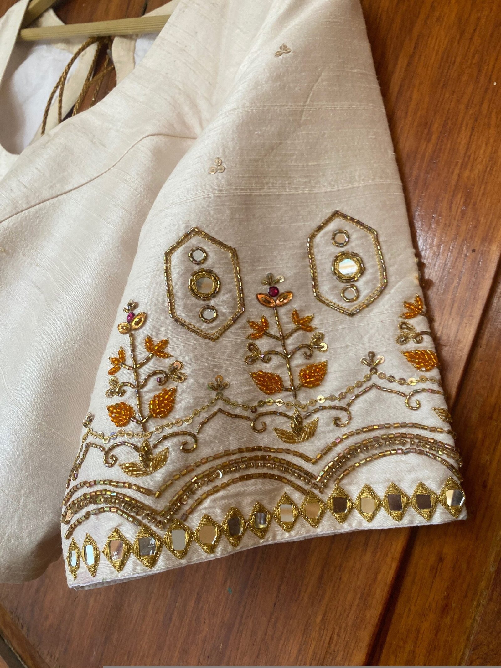 pure silk hand embroidery blouse/cream maggam blouse/raw silk zardosi blouse/hand embroidered blouse/whitehand embroidery ready made blouse