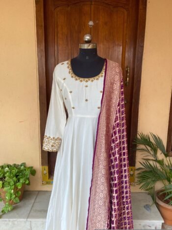 Hand Embroidered Cream Anarkali Dress with Banarasi Handloom Dupatta