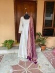 Hand Embroidered Cream Anarkali Dress with Banarasi Handloom Dupatta