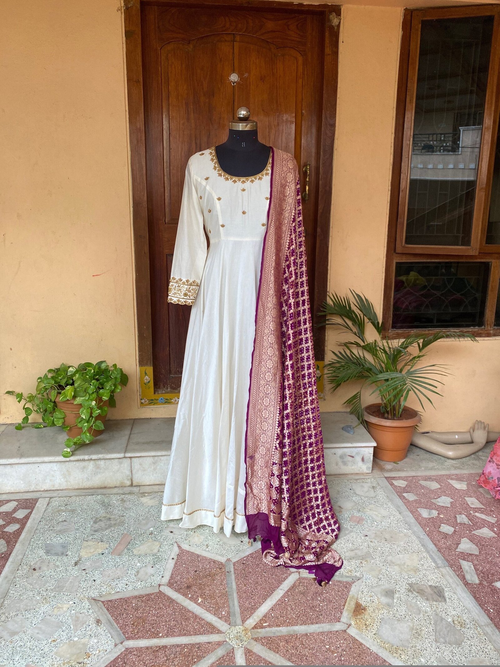 Hand Embroidered Cream Anarkali Dress with Banarasi Handloom Dupatta