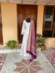 Hand Embroidered Cream Anarkali Dress with Banarasi Handloom Dupatta