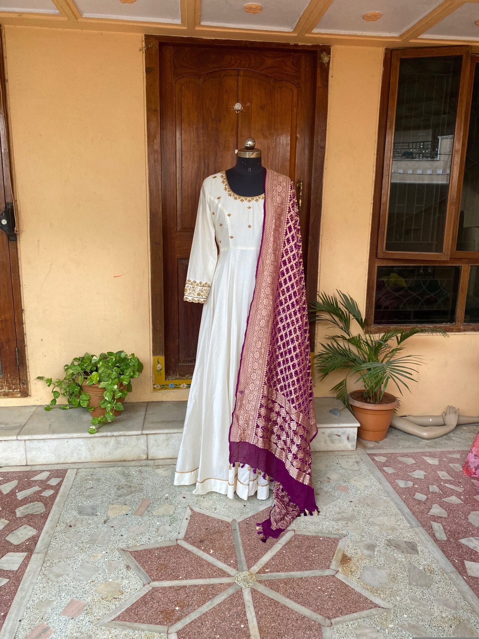 Hand Embroidered Cream Anarkali Dress with Banarasi Handloom Dupatta
