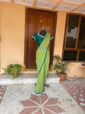 Green chiffon silk saree with hand Embroidered blouse | buti embroidered saree with ready blouse | sarees |green silk sare / saree belt