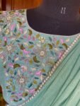 Designer saree with blouse/ pista green saree with hand embroidery stitched blouse/ saree belt with blouse / silk saree usa /saree with belt
