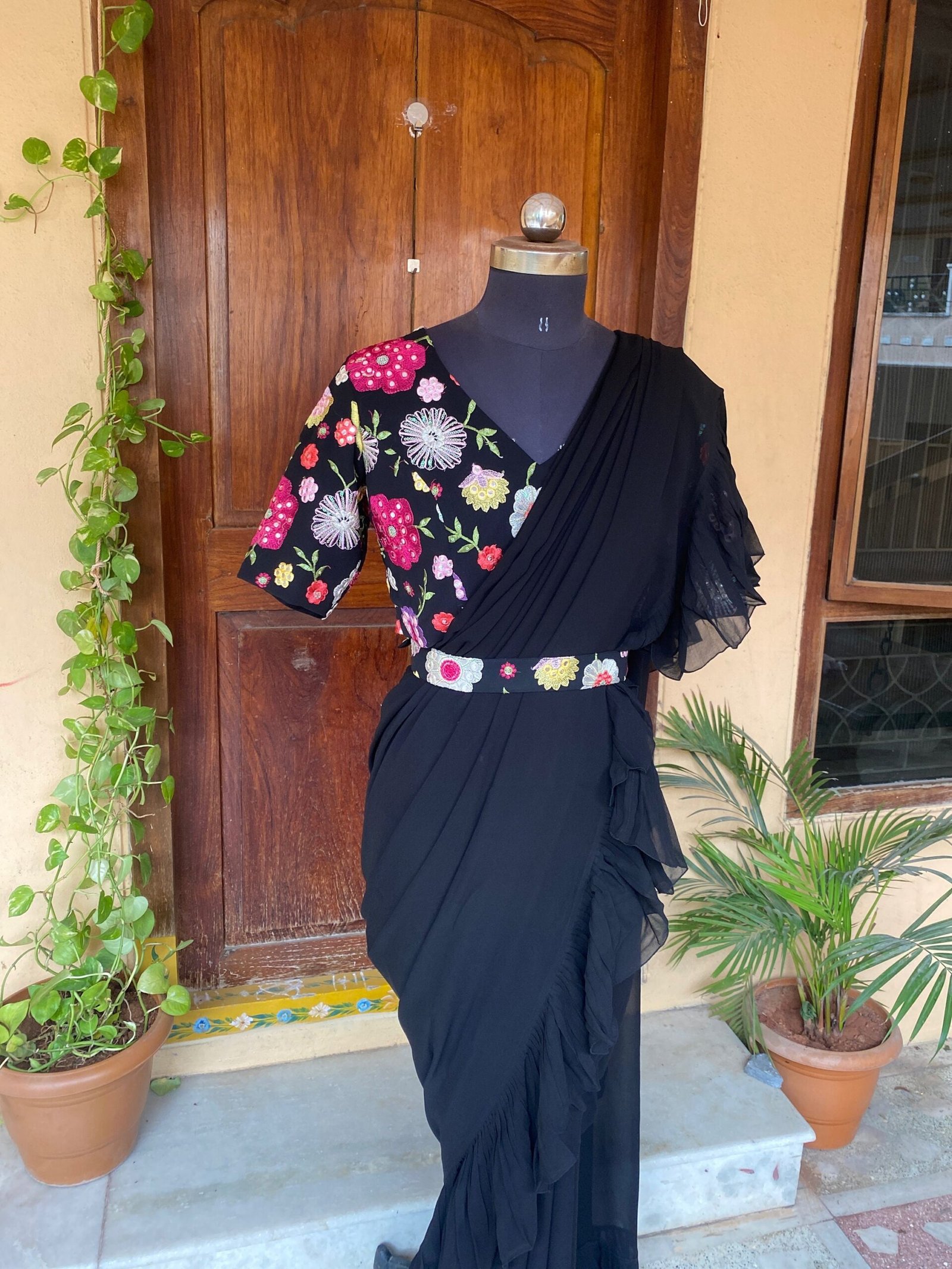 Ruffle saree with blouse/ peach ruffle saree with stitched blouse/ saree belt with blouse / silk ruffle saree / saree with belt / belt sari