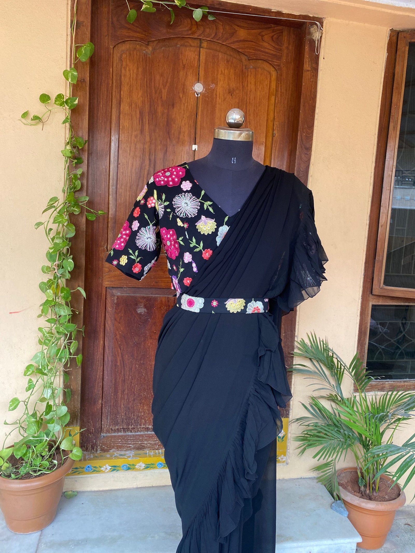 Ruffle saree with blouse/ peach ruffle saree with stitched blouse/ saree belt with blouse / silk ruffle saree / saree with belt / belt sari