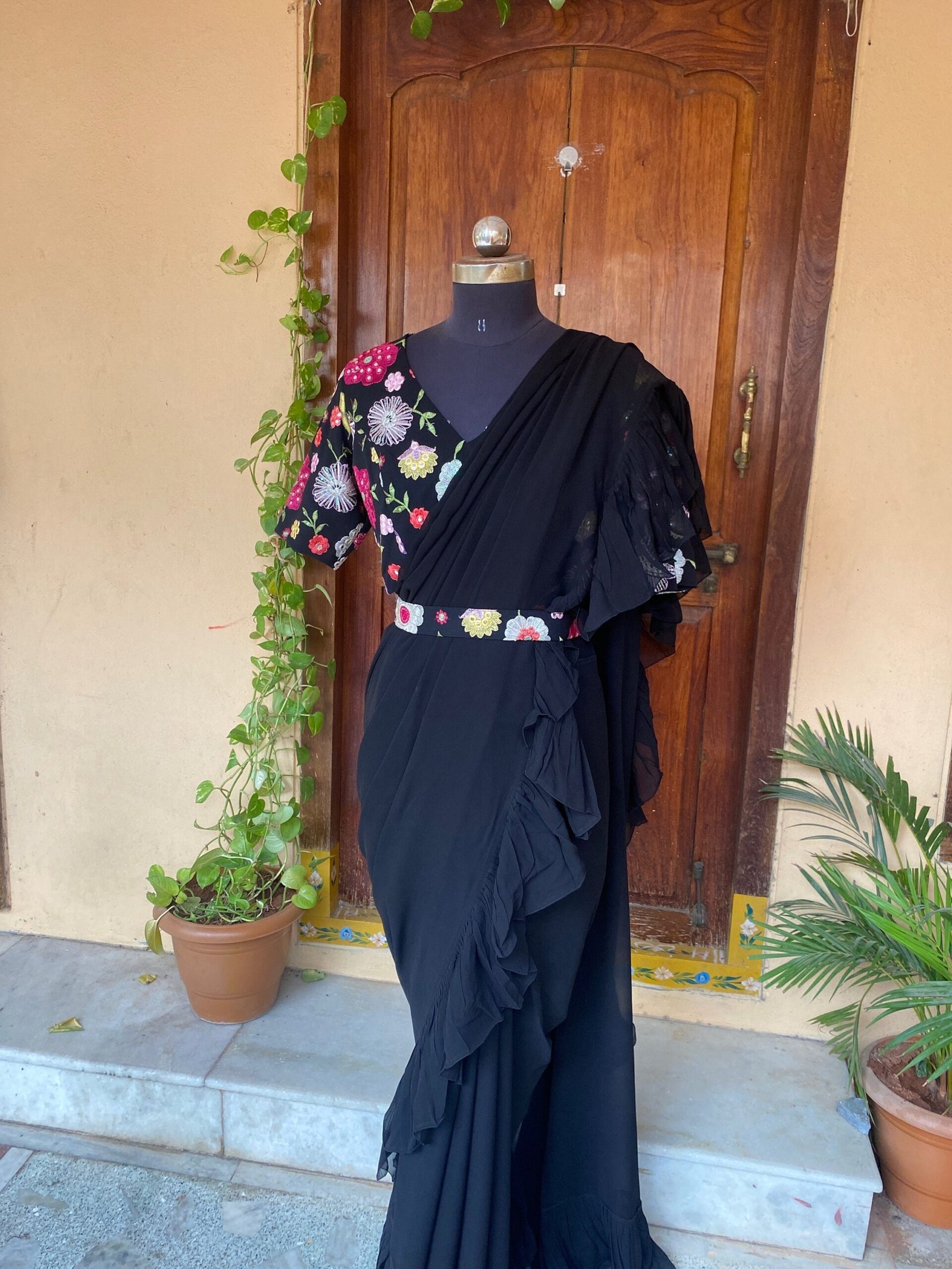 Ruffle saree with blouse/ peach ruffle saree with stitched blouse/ saree belt with blouse / silk ruffle saree / saree with belt / belt sari