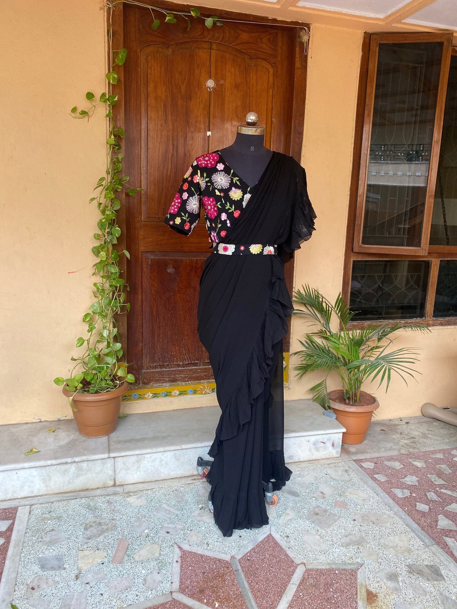 Ruffle saree with blouse/ peach ruffle saree with stitched blouse/ saree belt with blouse / silk ruffle saree / saree with belt / belt sari