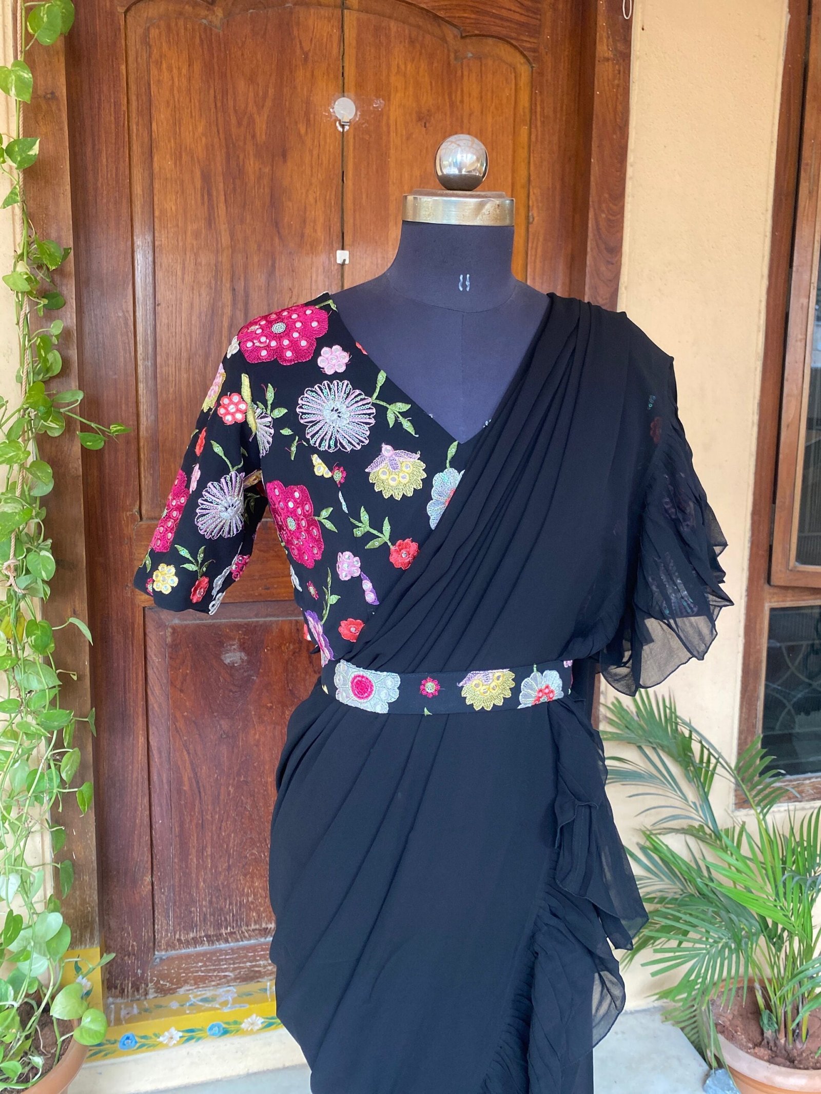Ruffle saree with blouse/ peach ruffle saree with stitched blouse/ saree belt with blouse / silk ruffle saree / saree with belt / belt sari