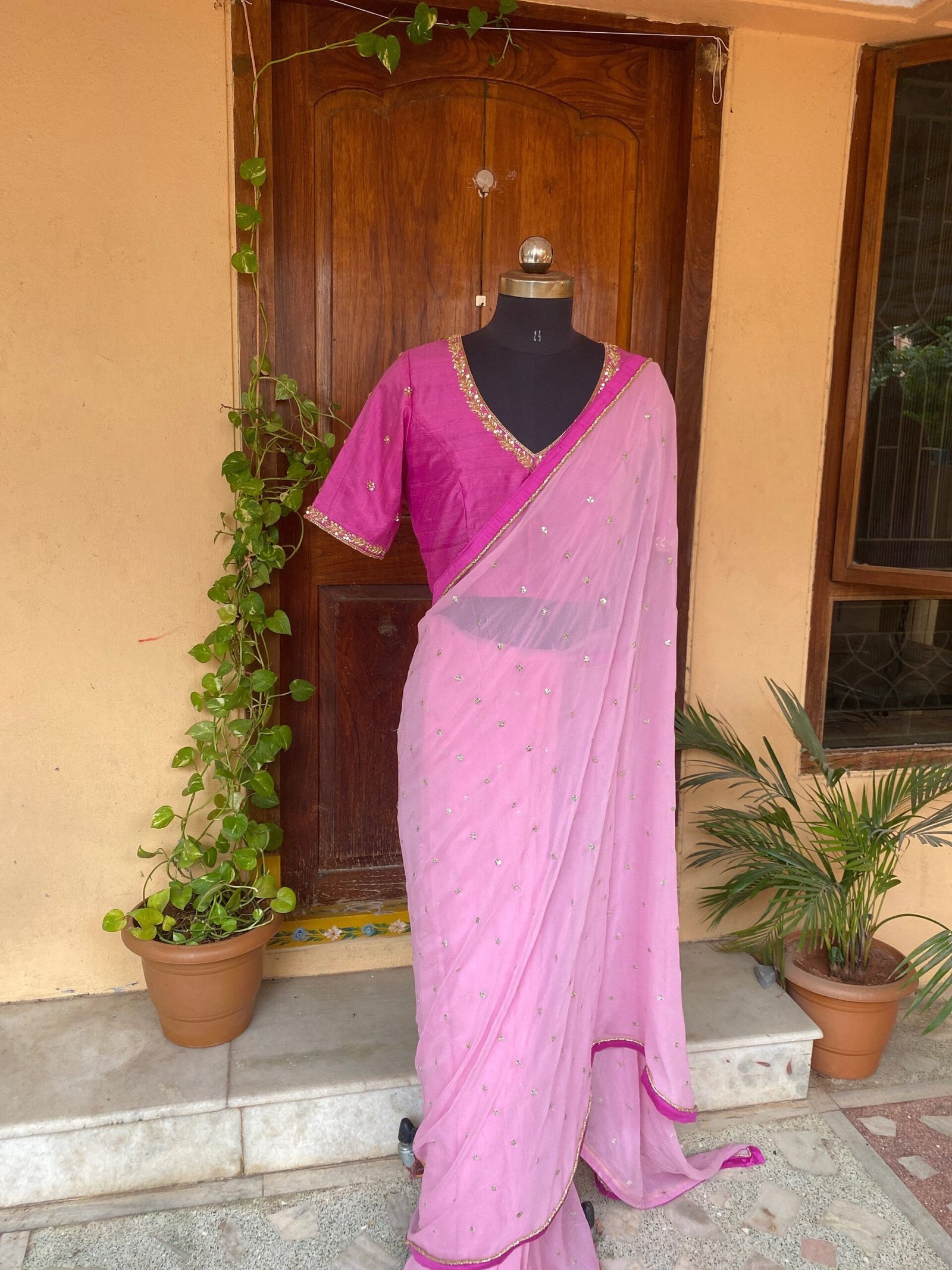 Pink chiffon silk saree with hand Embroidered blouse | buti embroidered saree with ready blouse| sarees USA |pink embroidery silk saree blou