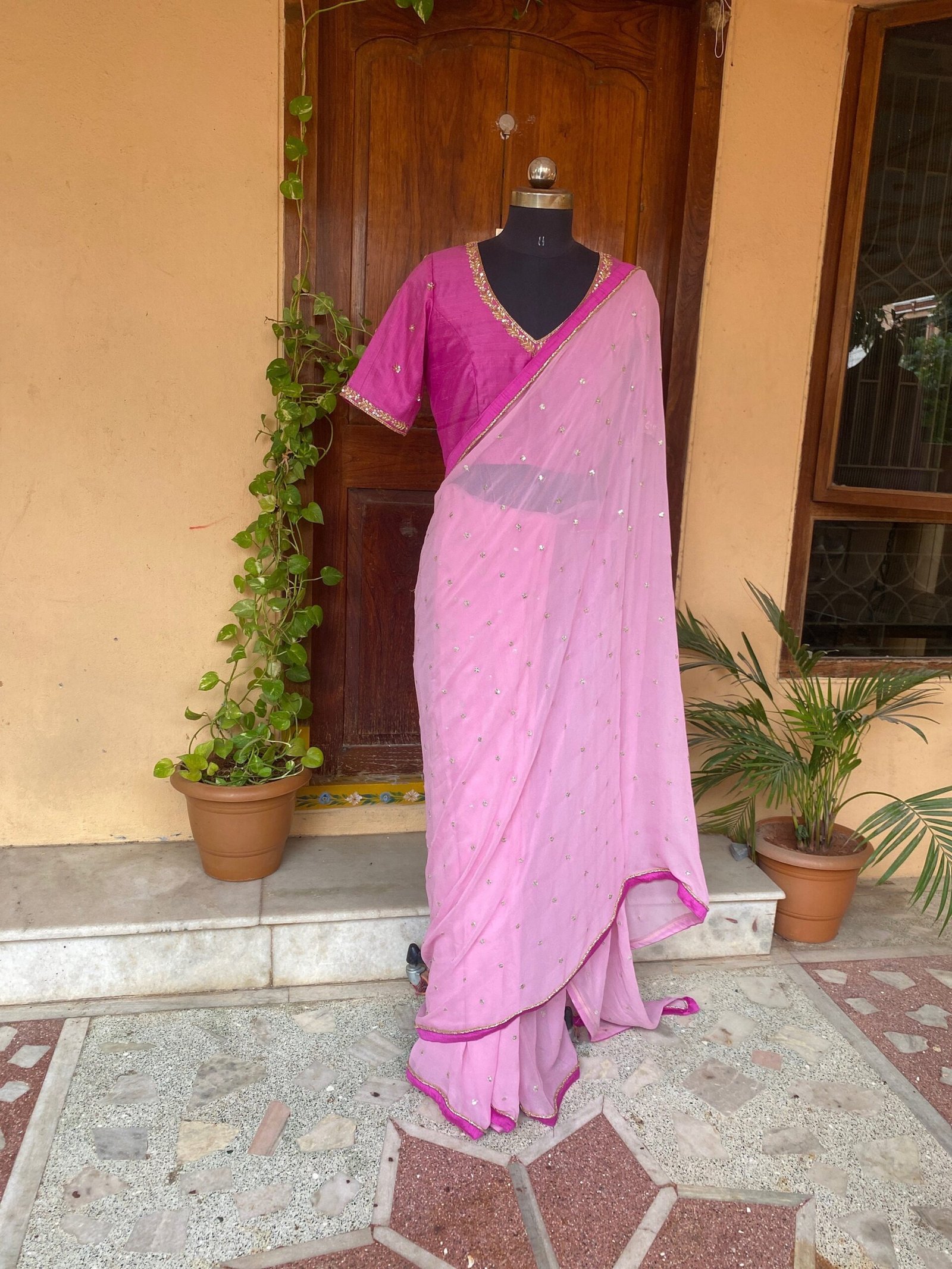 Pink chiffon silk saree with hand Embroidered blouse | buti embroidered saree with ready blouse| sarees USA |pink embroidery silk saree blou