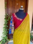 Kalamkari silk saree with hand Embroidered blouse | yellow embroidered saree with ready blouse| sarees USA | haldi outfit silk saree blouse