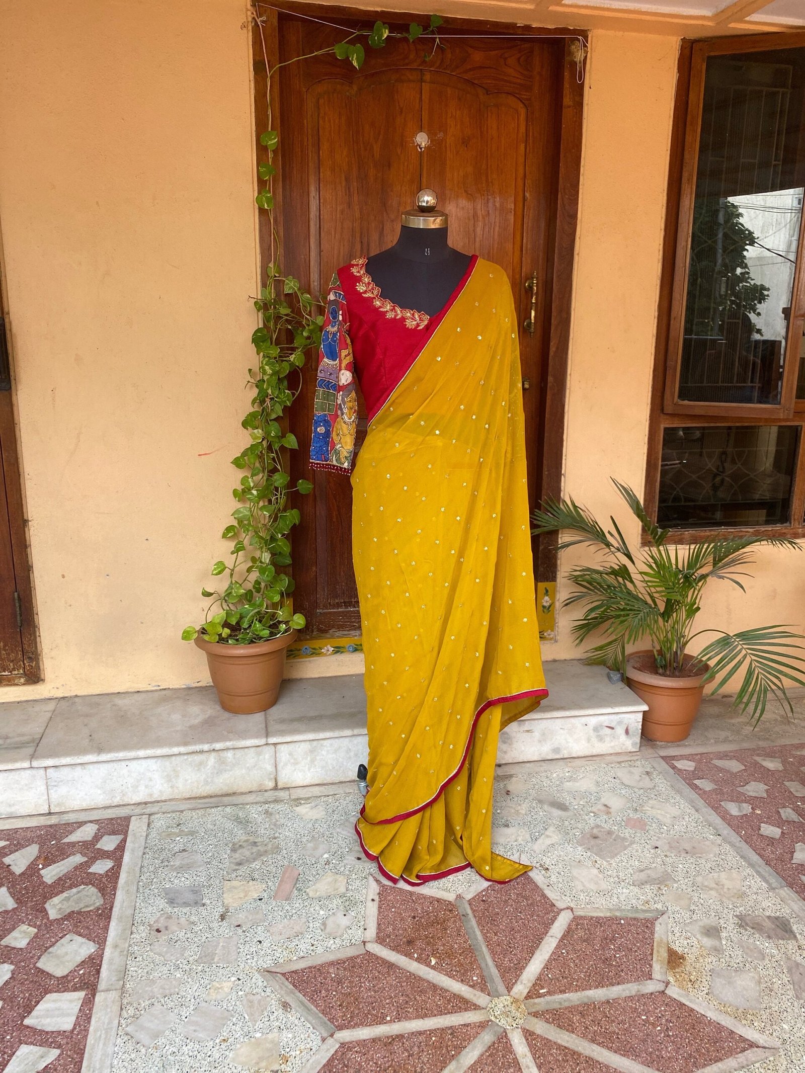 Kalamkari silk saree with hand Embroidered blouse | yellow embroidered saree with ready blouse| sarees USA | haldi outfit silk saree blouse